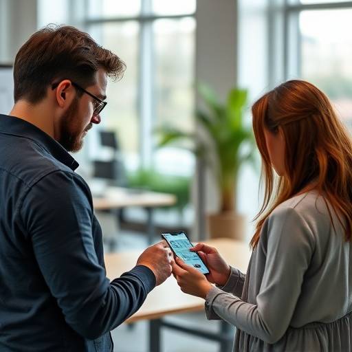 Um designer de UX conduzindo um teste de usabilidade com um usuário em um protótipo de aplicativo móvel.