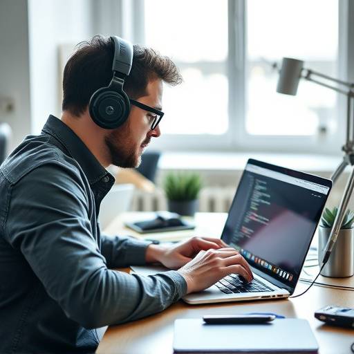 Um designer web criando um site responsivo em seu laptop, com várias janelas de código e ferramentas de design abertas.