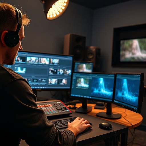 Um editor de vídeo concentrado, trabalhando em sua estaäão de trabalho com várias telas mostrando linhas do tempo e efeitos de vídeo.
