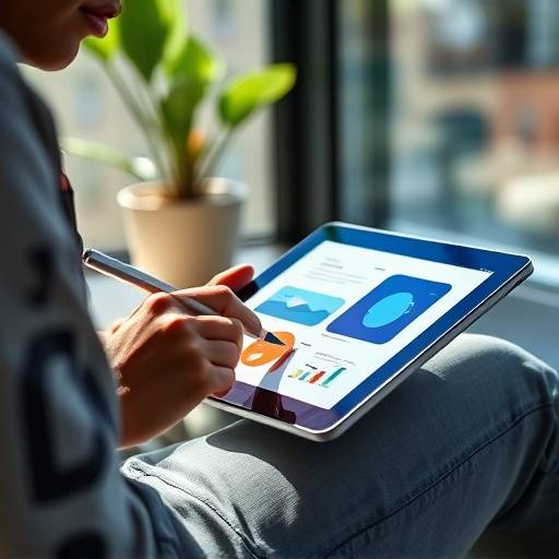 Uma designer gráfica criando um design elegante em seu tablet digital.