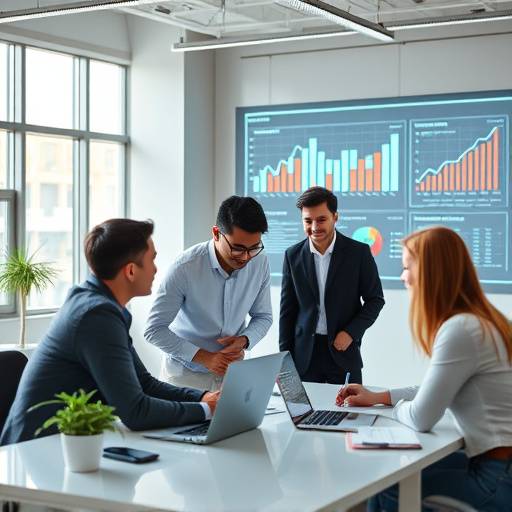Uma equipe de marketing digital colaborando em uma estratégia de mídia social em um escritório moderno, com gráficos e dados projetados em uma tela.